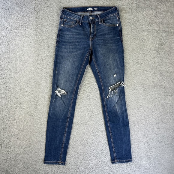 Old Navy Rockstar Jeans Womens 0 Short Blue Denim Pants Super Skinny Mid‎ Ripped - Picture 1 of 8